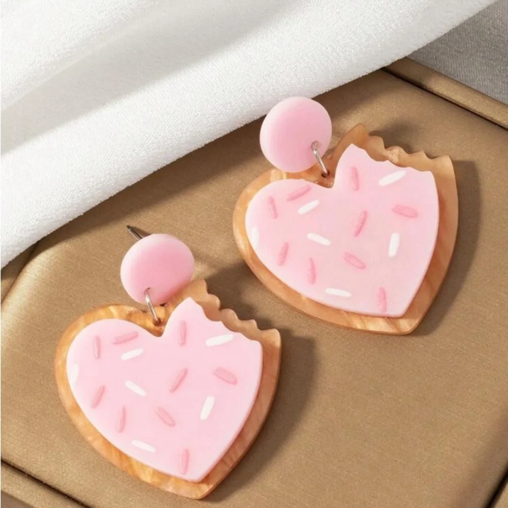 Valentine Pink Heart Cookie Earrings with Sprinkles
